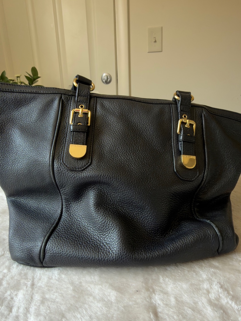 Vince Camuto Black Leather Tote with Gold Buckle Accents